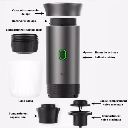 Espressor Portabil 60 ml, 72W, 12V, cu Mod Încălzire Apă, Compatibil Capsule Nespresso, Dolce Gusto, Cafea Măcinată și Ciocolată Caldă, Carcasă din Plastic și Inox, Design Compact pentru Călătorii [6]