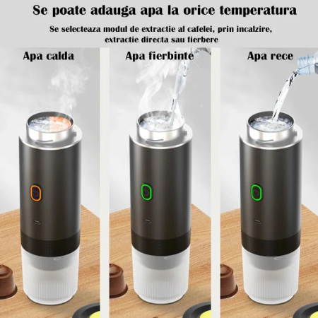 Espressor Portabil 60 ml, 72W, 12V, cu Mod Încălzire Apă, Compatibil Capsule Nespresso, Dolce Gusto, Cafea Măcinată și Ciocolată Caldă, Carcasă din Plastic și Inox, Design Compact pentru Călătorii [1]