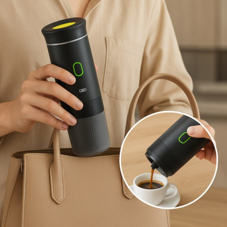 Espressor Portabil 60 ml, 72W, 12V, cu Mod Încălzire Apă, Compatibil Capsule Nespresso, Dolce Gusto, Cafea Măcinată și Ciocolată Caldă, Carcasă din Plastic și Inox, Design Compact pentru Călătorii [8]