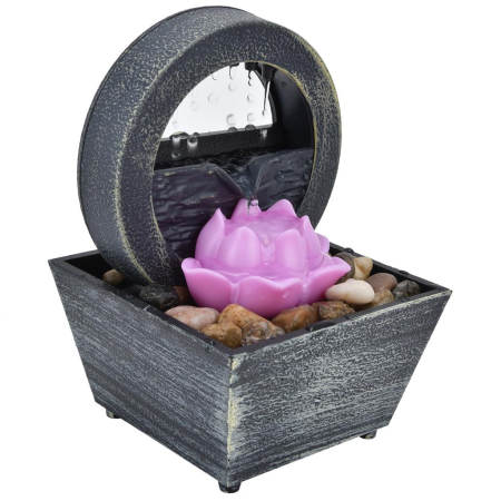 Casa si Bucatarie - Fântână Decorativă de Masă cu Flori, Stil Feng Shui, Alimentare USB 3V, Iluminare LED, Include Pietre Decorative, Material Plastic, Dimensiuni 17.5 x 11.5 cm