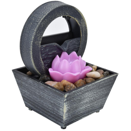 Fântână Decorativă de Masă cu Flori, Stil Feng Shui, Alimentare USB 3V, Iluminare LED, Include Pietre Decorative, Material Plastic, Dimensiuni 17.5 x 11.5 cm [2]