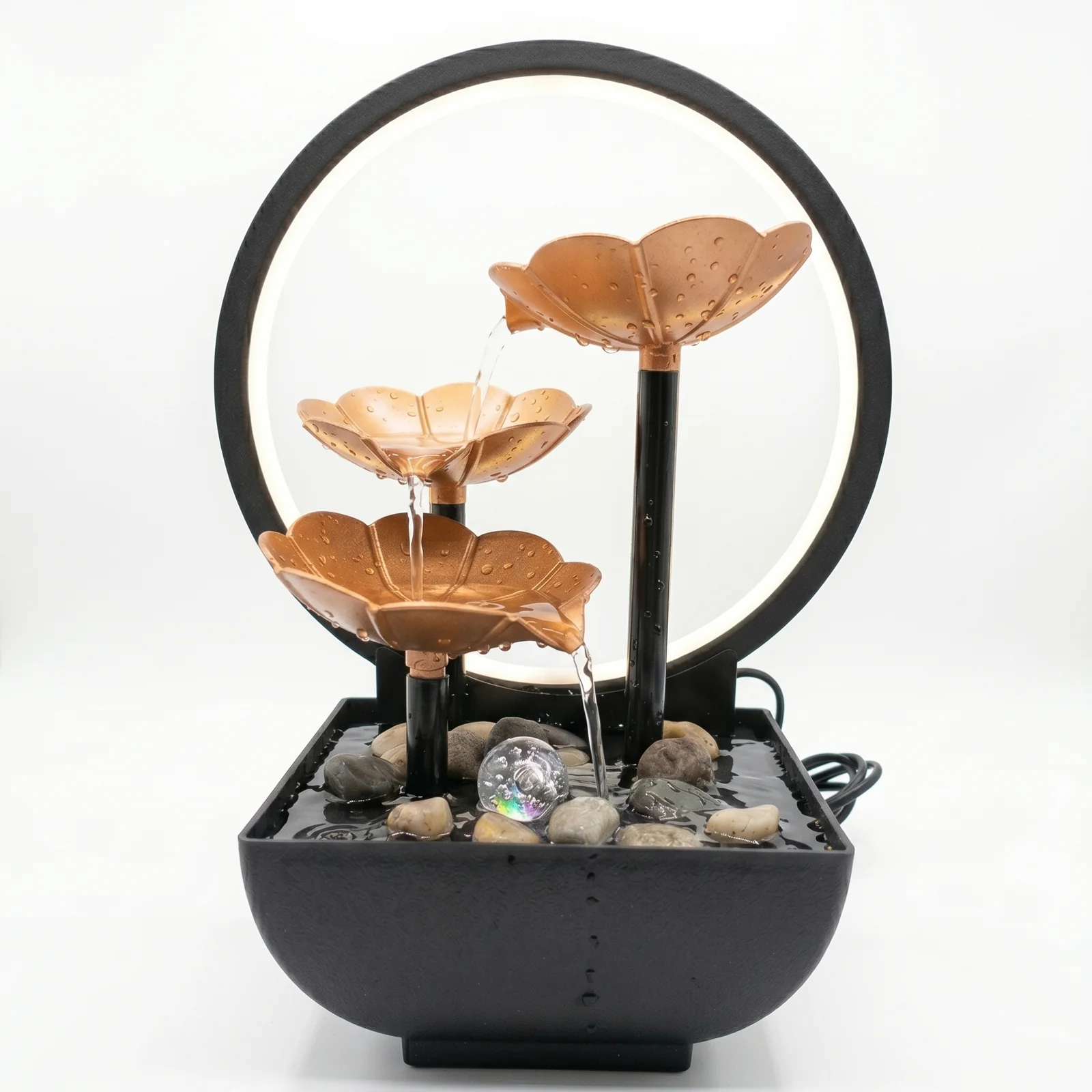 Fântână Decorativă de Masă Zen cu Cascadă Tip Floare de Lotus, Iluminare LED, Sferă Rotativă din Sticlă, Pompă Silențioasă cu Recirculare a Apei, Dimensiuni 27.5 x 20 cm [1]