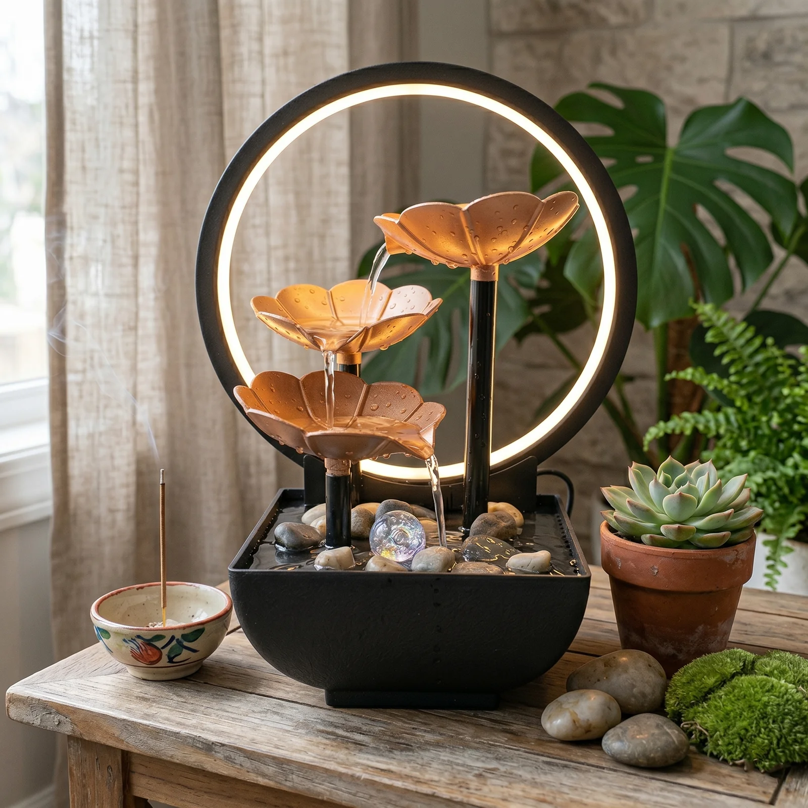 Casa si Bucatarie - Fântână Decorativă de Masă Zen cu Cascadă Tip Floare de Lotus, Iluminare LED, Sferă Rotativă din Sticlă, Pompă Silențioasă cu Recirculare a Apei, Dimensiuni 27.5 x 20 cm