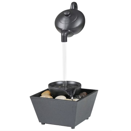 Fântână decorativă interior cu ceainic suspendat, iluminare LED și pietre, alimentare USB/baterie, design compact, efect calmant [3]