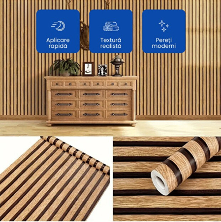 Folie decorativă autoadezivă cu textură de lemn, 300 × 45 cm, recomandată pentru decorarea pereților și mobilierului, rezistentă și ușor de montat, bej [4]