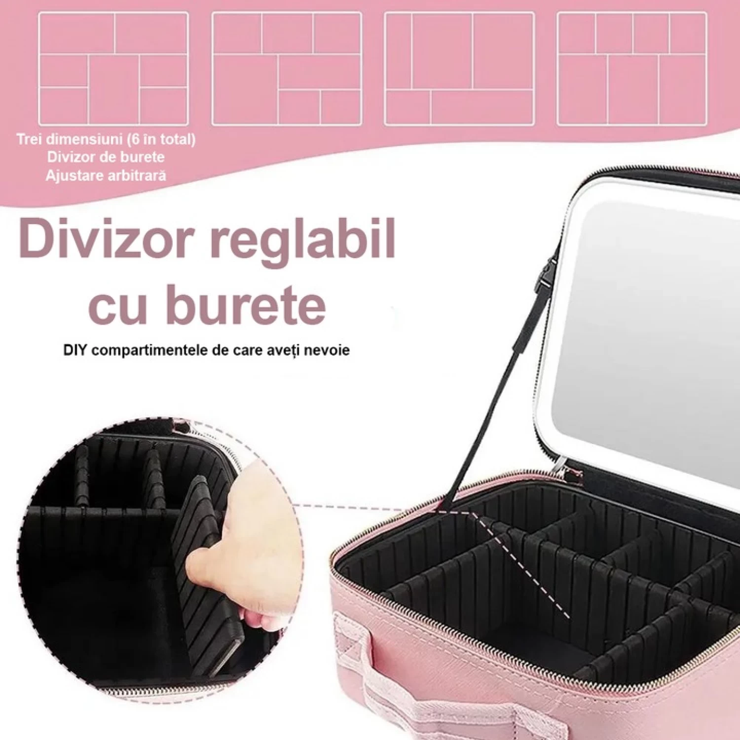 Geanta pentru Cosmetice, Design Elegant, Oglinda Incorporata, Lumina LED in 3 Culori, 4K-72 leduri, Ecran Tactil, Baterie Reincarcabila 2000 mAh, Compartimente Reglabile, Fermoar Anti-Coroziune [7]
