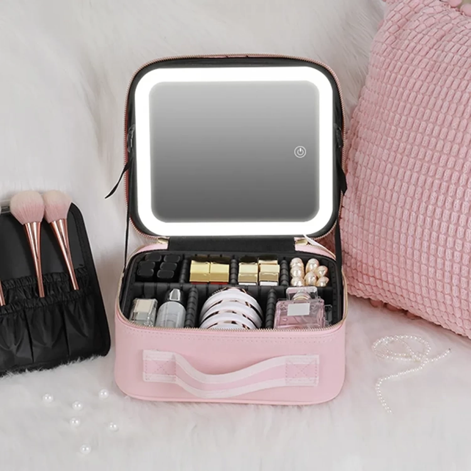 Geanta pentru Cosmetice, Design Elegant, Oglinda Incorporata, Lumina LED in 3 Culori, 4K-72 leduri, Ecran Tactil, Baterie Reincarcabila 2000 mAh, Compartimente Reglabile, Fermoar Anti-Coroziune [10]