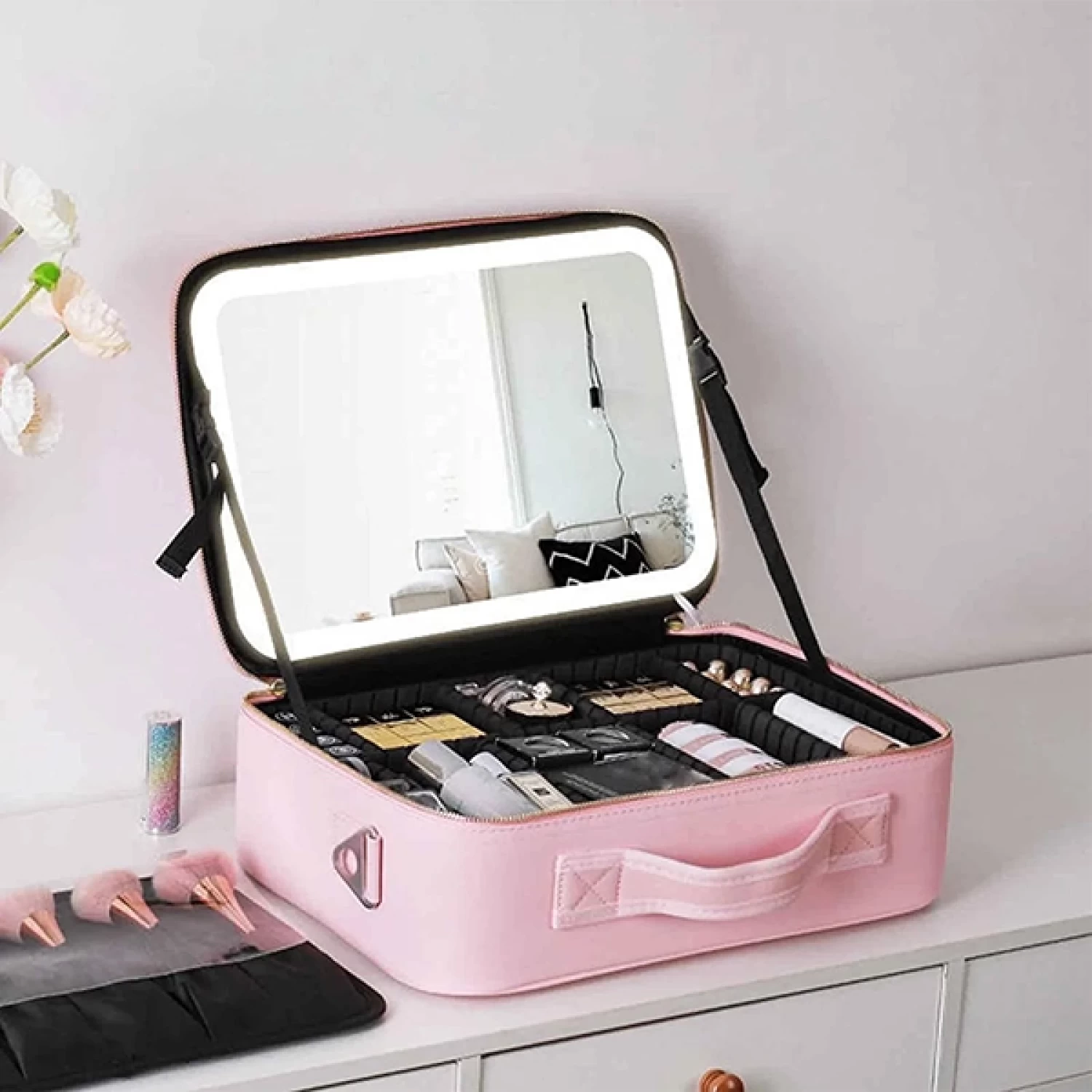 Geanta pentru Cosmetice, Design Elegant, Oglinda Incorporata, Lumina LED in 3 Culori, 4K-72 leduri, Ecran Tactil, Baterie Reincarcabila 2000 mAh, Compartimente Reglabile, Fermoar Anti-Coroziune [9]