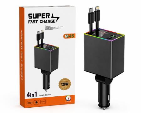 Accesorii Auto - Încărcător Auto 120W cu 4 Cabluri Integrate, Fast Charge PD, Adaptor pentru Priza Auto, Încărcare Rapidă pentru USB-C, Lightning, Micro USB și USB, Cabluri Extensibile de 80 cm