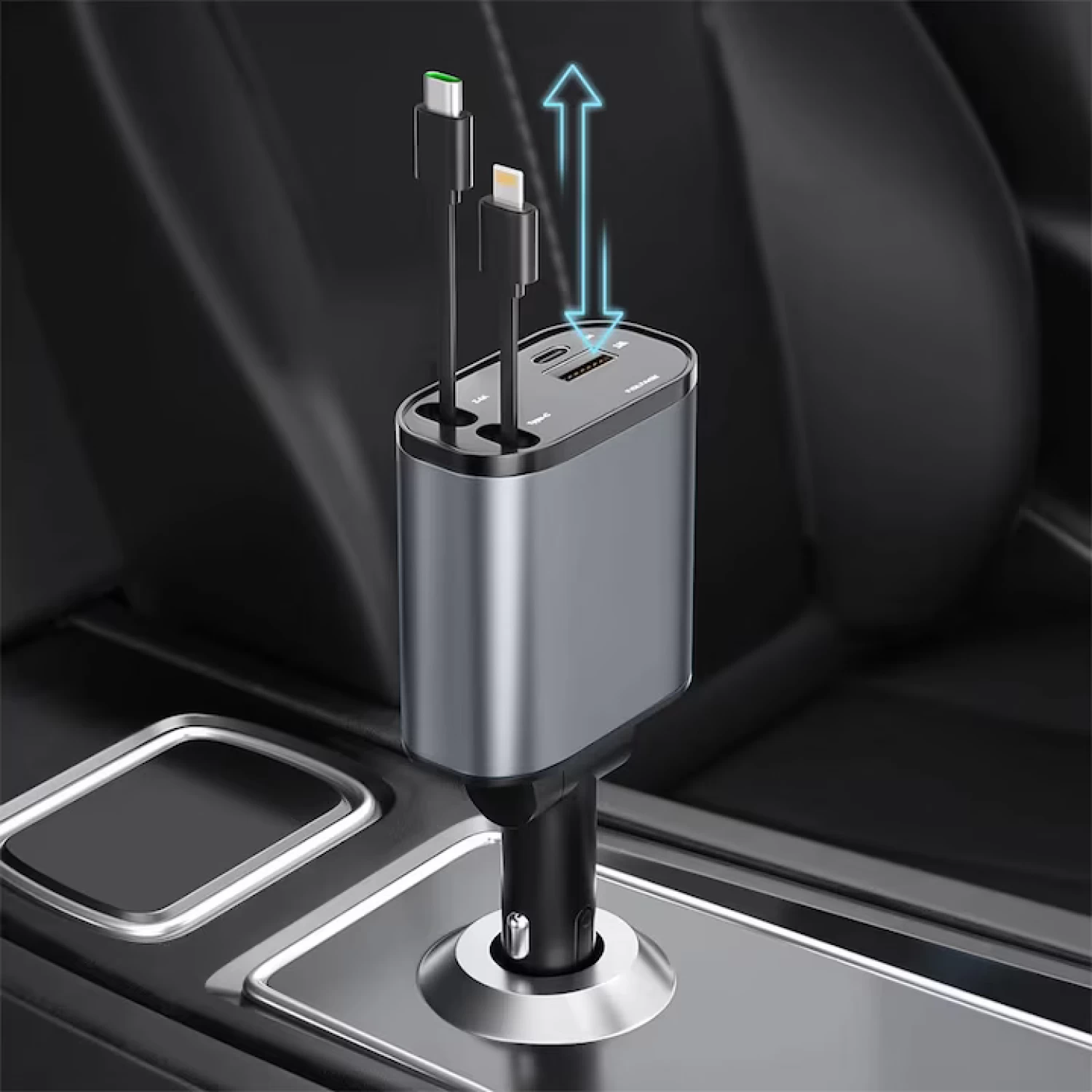 Încărcător auto 4 în 1, 120W, Super Fast Charge, cablu retractabil USB-C & Lightning, 2 porturi USB, afișaj voltaj, 800mm, gri [2]