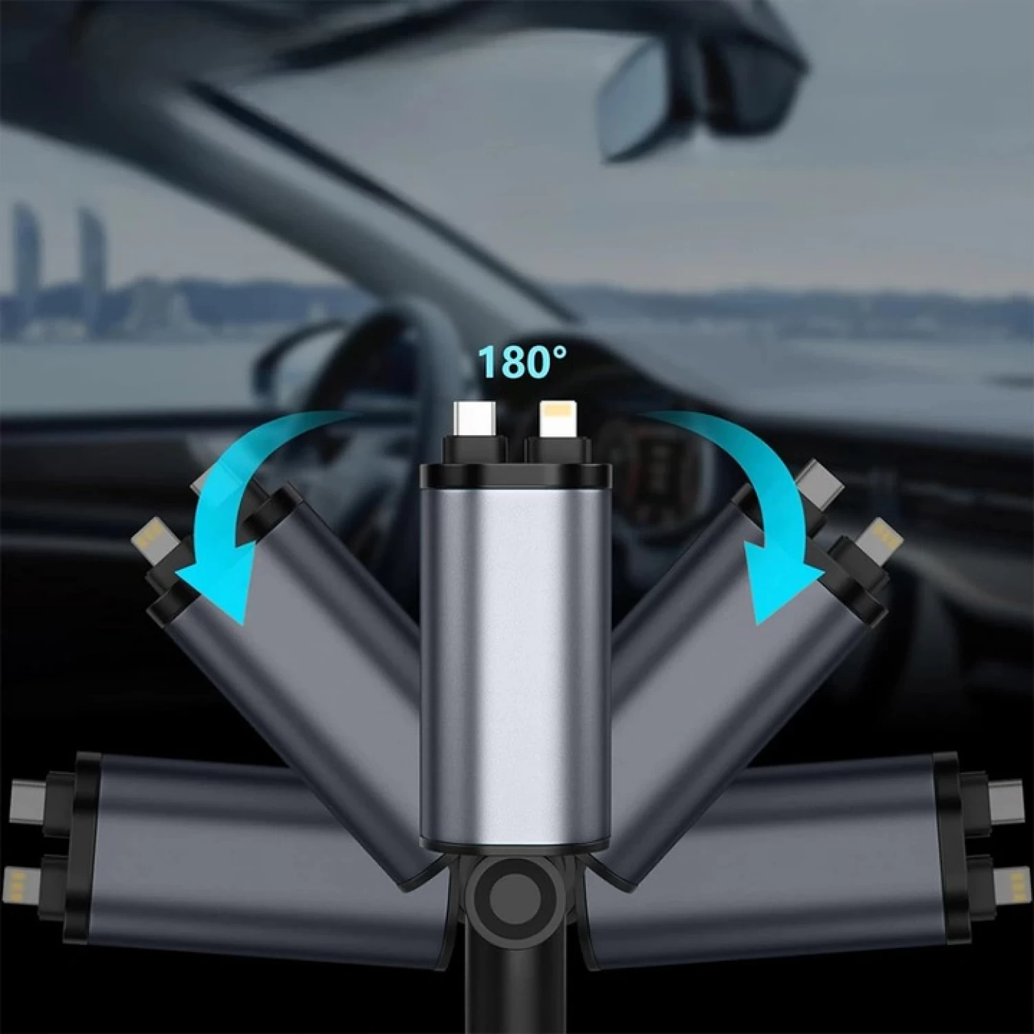 Încărcător auto 4 în 1, 120W, Super Fast Charge, cablu retractabil USB-C & Lightning, 2 porturi USB, afișaj voltaj, 800mm, gri [6]