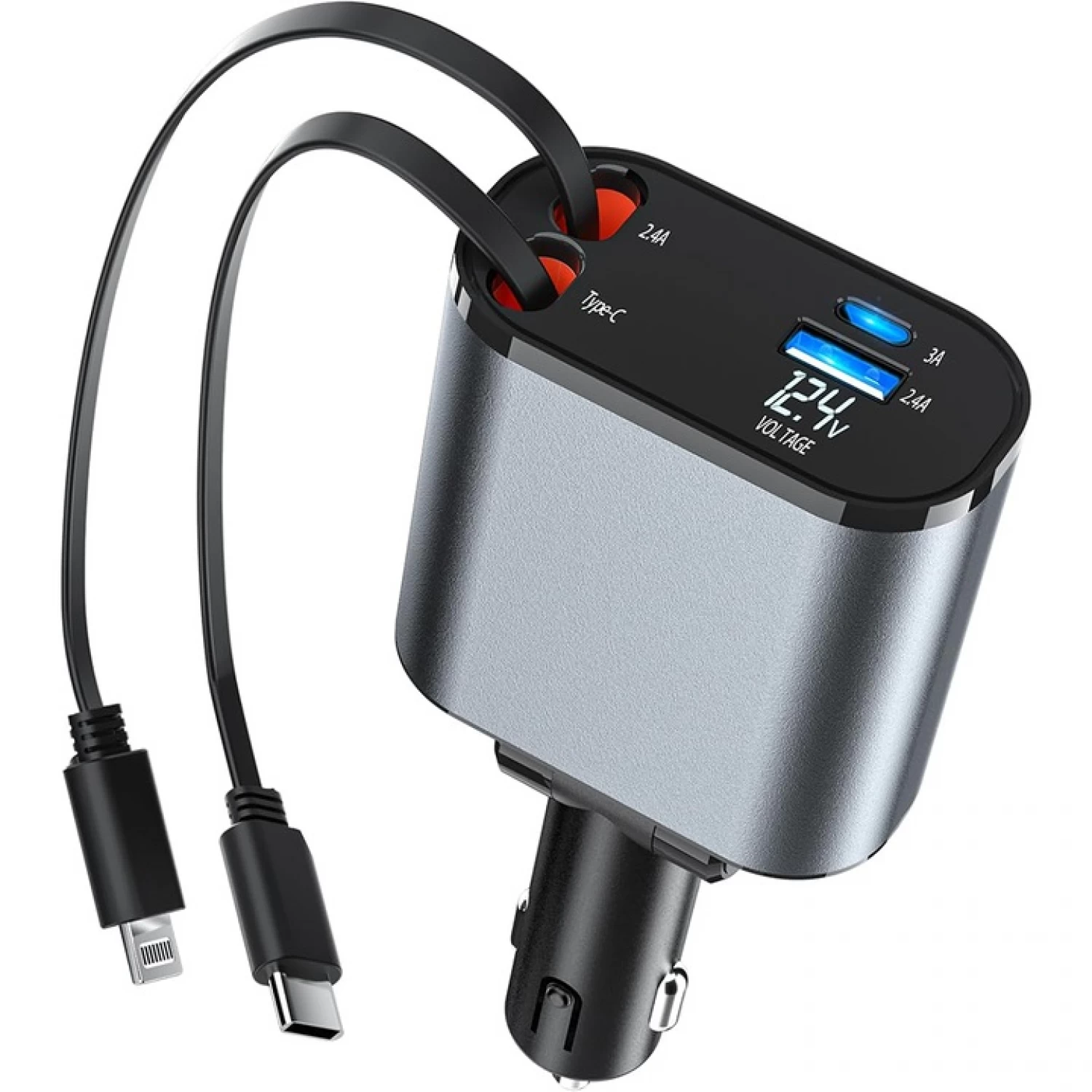 Accesorii Auto - Încărcător auto 4 în 1, 120W, Super Fast Charge, cablu retractabil USB-C & Lightning, 2 porturi USB, afișaj voltaj, 800mm, gri