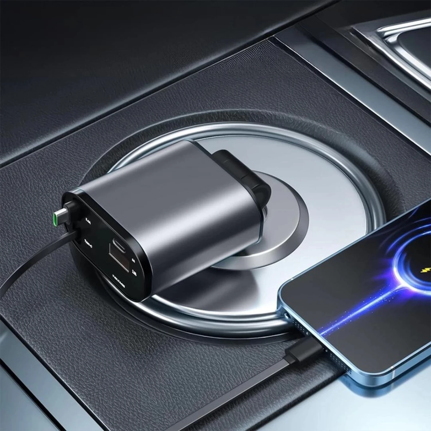 Încărcător auto 4 în 1, 120W, Super Fast Charge, cablu retractabil USB-C & Lightning, 2 porturi USB, afișaj voltaj, 800mm, gri [4]