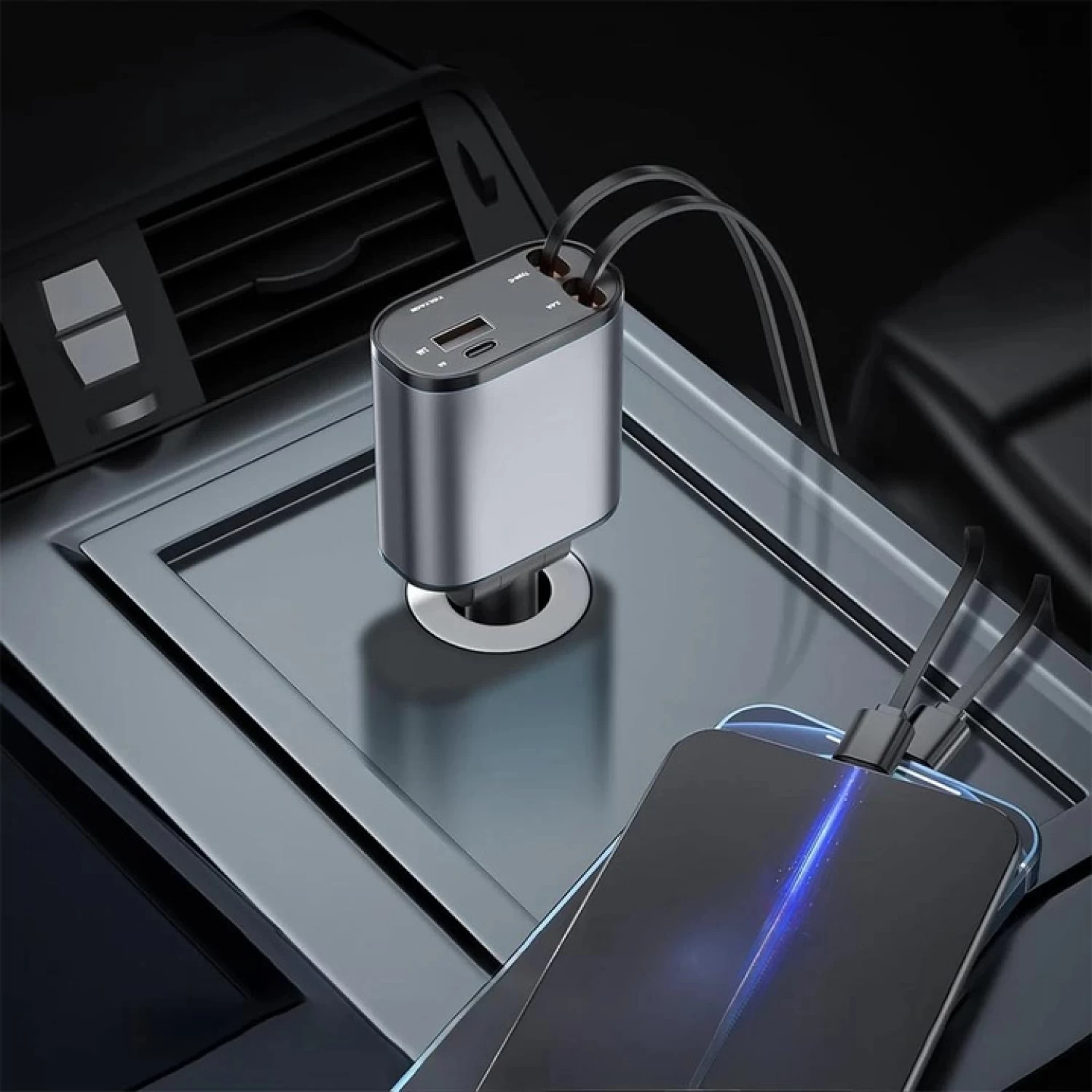 Încărcător auto 4 în 1, 120W, Super Fast Charge, cablu retractabil USB-C & Lightning, 2 porturi USB, afișaj voltaj, 800mm, gri [7]
