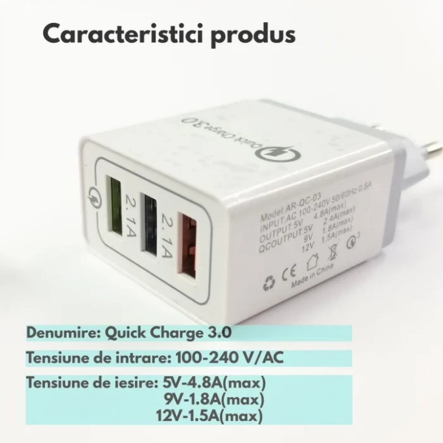 Încărcător Priză USB Multiplu cu 3 Porturi 2.1A, Quick Charge 3.0 - Încărcare Rapidă, Protecție Completă, Design Compact și Portabil, Ideal pentru Smartphone-uri și Tablete, Alb [2]