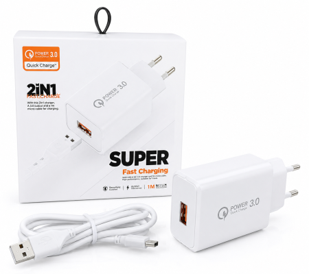Accesorii Telefoane - Încărcător Rapid USB cu Cablu Iphone Inclus, Power 3.0, Fast Charge, Set 2 în 1 pentru Încărcare Rapidă, Adaptor Compact de Priză, Alb