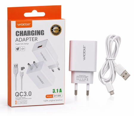 Accesorii Telefoane - Încărcător Rapid USB QC 3.0 cu Cablu pentru Type C Inclus, 3.1A, Fast Charging, Set Adaptor de Priză pentru Telefon, Tabletă și Alte Dispozitive Compatibile, Alb
