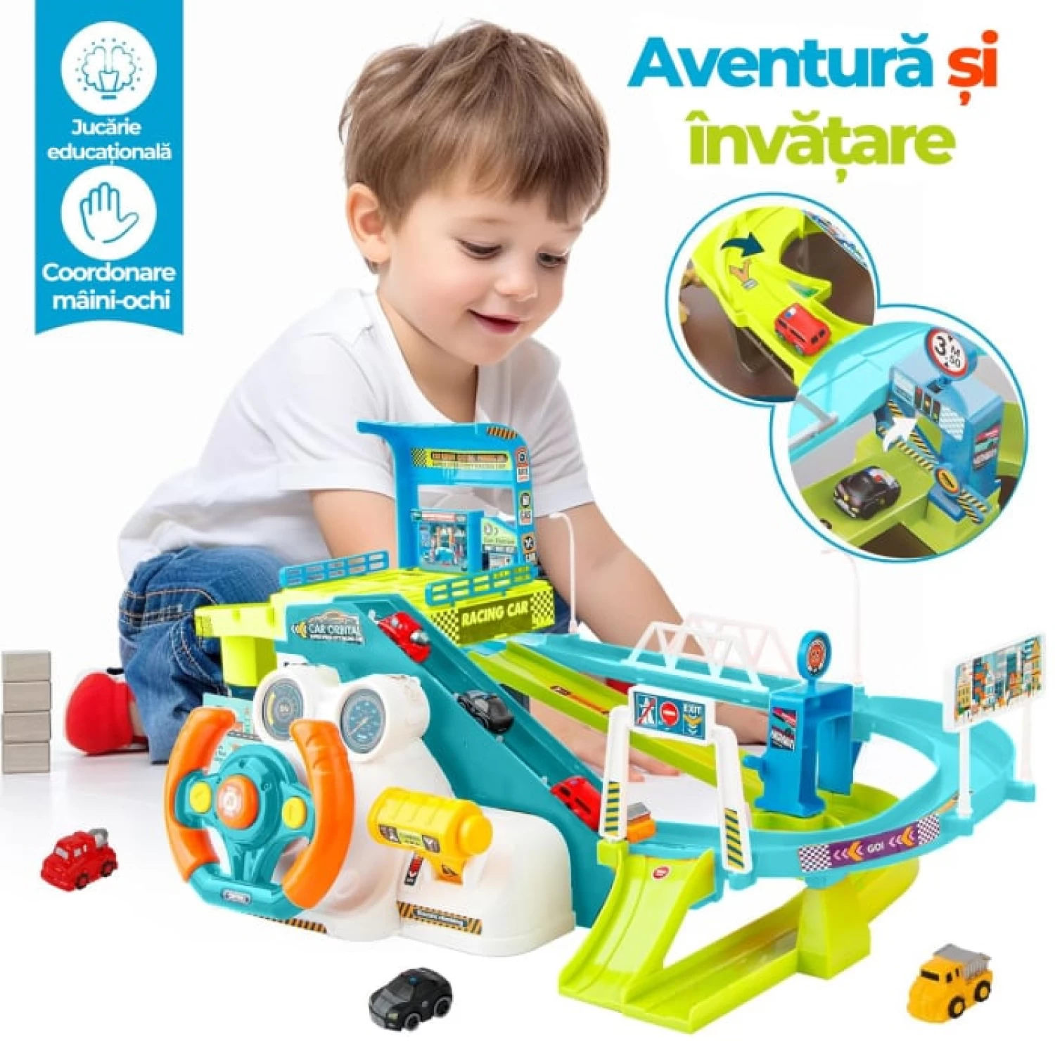Jucărie Interactivă 2 în 1 Parcare cu Volan pentru Copii - Set cu 4 Mașinuțe, Trasee și Sunete [1]