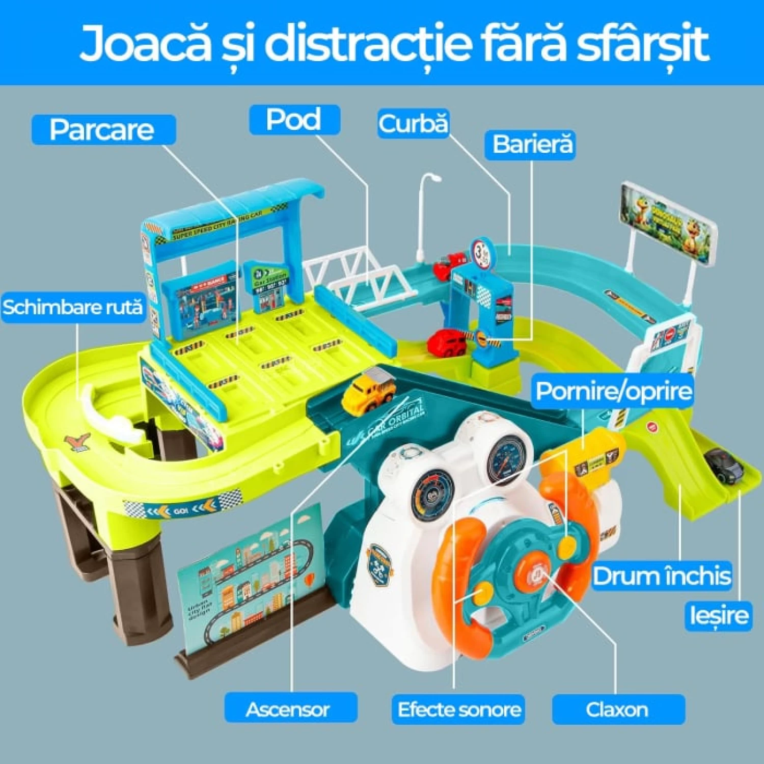 Jucărie Interactivă 2 în 1 Parcare cu Volan pentru Copii - Set cu 4 Mașinuțe, Trasee și Sunete [3]