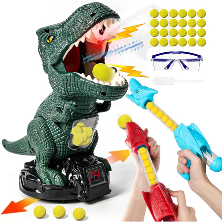 Gyerekeknek szánt termékek és játékok - Interaktív Dinoszaurusz Céllövő Játék Mozgó Célpontokkal – 2 Játékpisztoly, 24 Habszivacs Labda, Vízpermetező Funkció, LED Pontszámkijelző és Hangok, 2 Pár Védőszemüveg