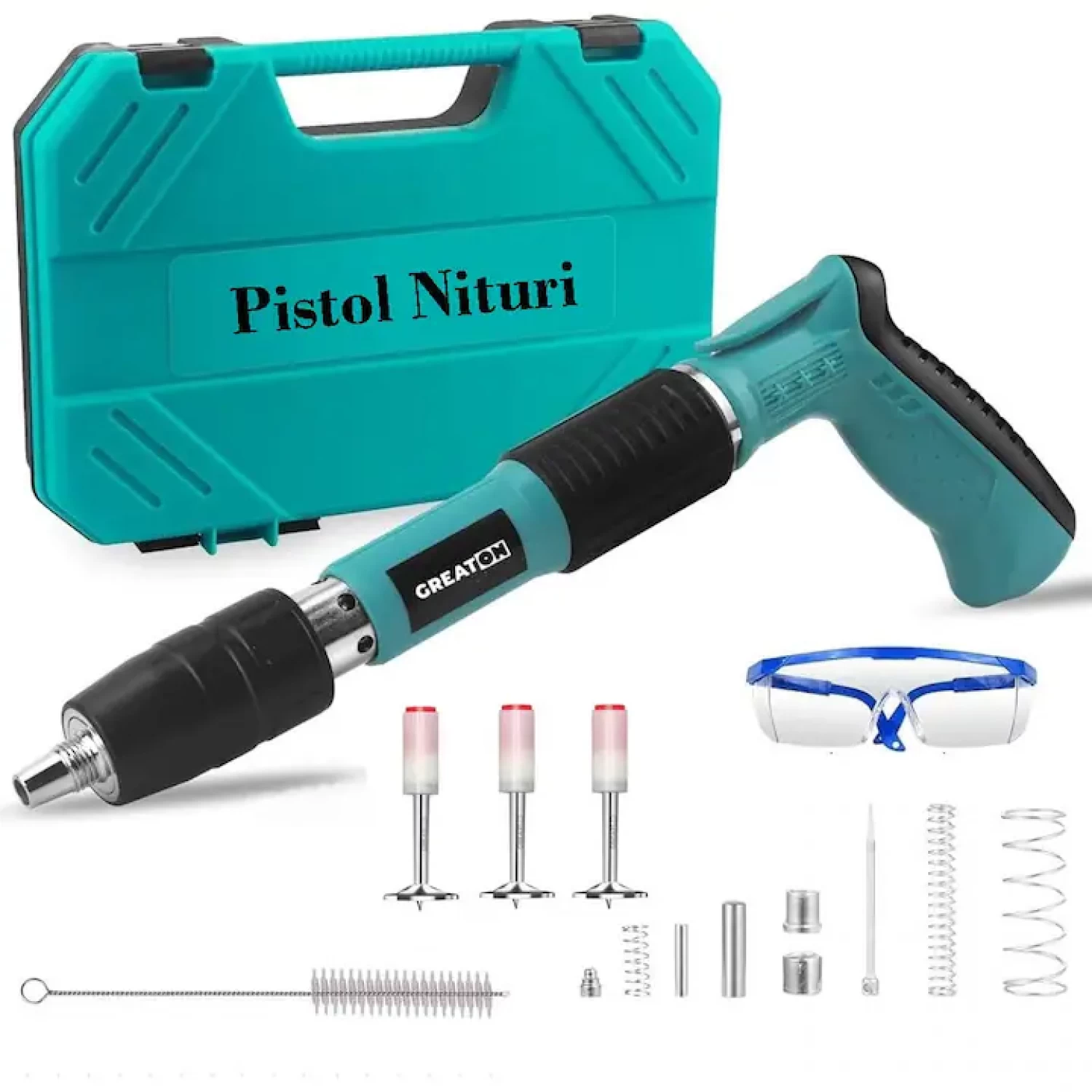 Scule Electrice si Unelte - Kit Pistol de Nituri pentru Fixare Cuie, Pneumatic și Manual, pentru Perete, Tavan, Podea și Lemn, Compatibil Calibru 7.3 cm, cu Ochelari de Protecție și Trusă de Transport