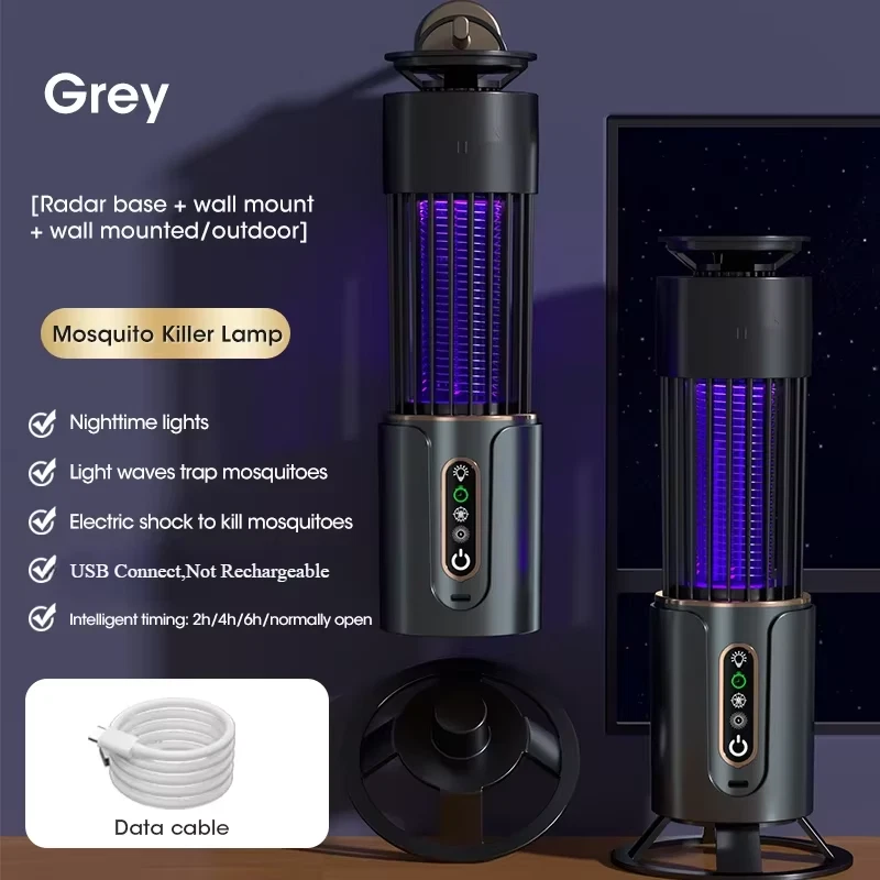 Lampă electrică anti-insecte USB, acumulator 1200 mAh, captare țânțari și iluminare, 3 moduri timer, compactă și silențioasă, gri [6]