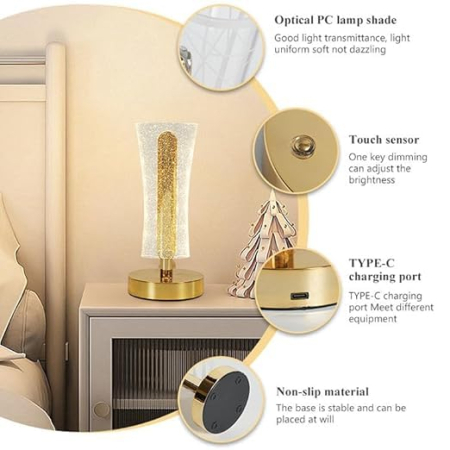 Lampă LED de Masă din Cristal, Control Tactil, Lumină Caldă Ambientală, Design Elegant și Modern, Consum Redus de Energie, Dimensiuni 12 × 10 × 5 cm, Ideală pentru Dormitor, Noptieră, Living și Birou [1]