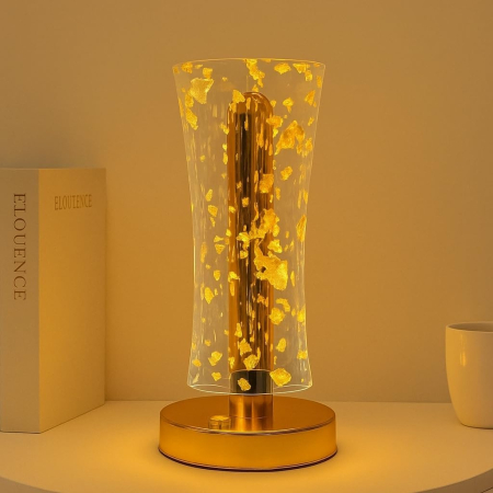 Lampi solare si lanterne led - Lampă LED de Masă din Cristal cu Foiță Aurie, Control Tactil, Lumină Alb Cald, Design Oval Elegant, Iluminare Ambientală cu Consum Redus, Dimensiuni 22 x 8 cm