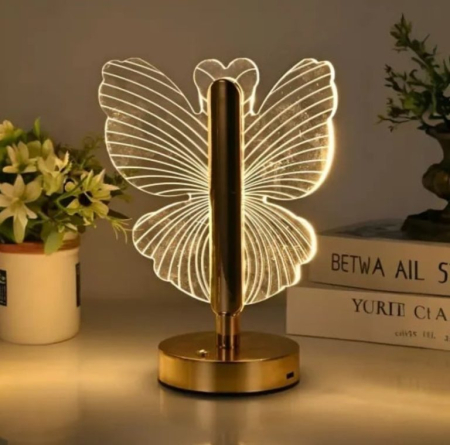 Lampi solare si lanterne led - Lampă LED Decorativă cu Fluture Auriu, Reîncărcabilă USB, Lumină Caldă Ambientală, Design Elegant și Portabil, Consum Redus de Energie, Ideală pentru Dormitor, Living, Birou sau Noptieră