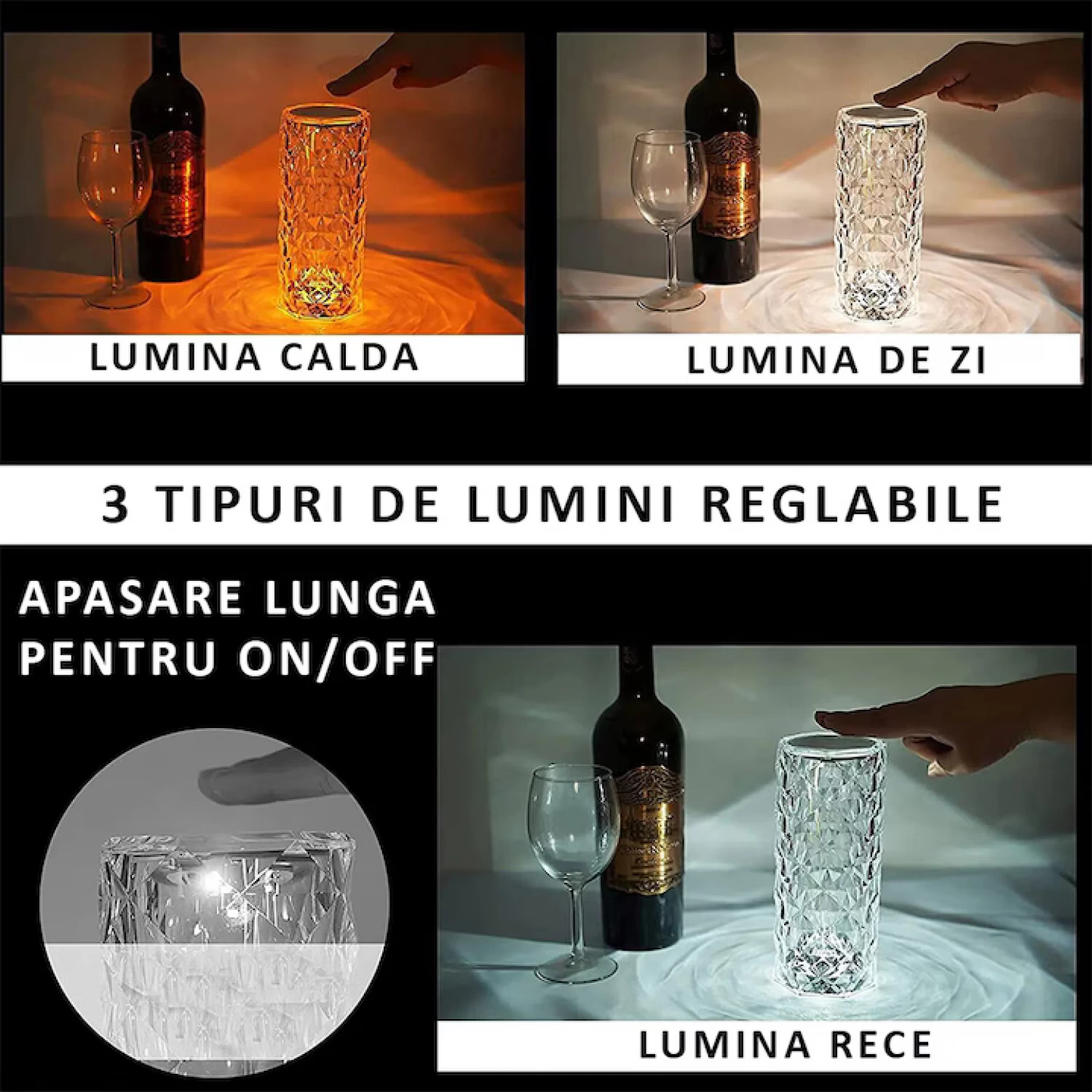 Lampa Luminoasa led Efect Cristal, 3 Lumini Albe, 16 Lumini RGB, Telecomanda Inclusa, Control Tactil, Reincarcabila pentru Dormitor, Birou, Bucatarie, Camping [11]