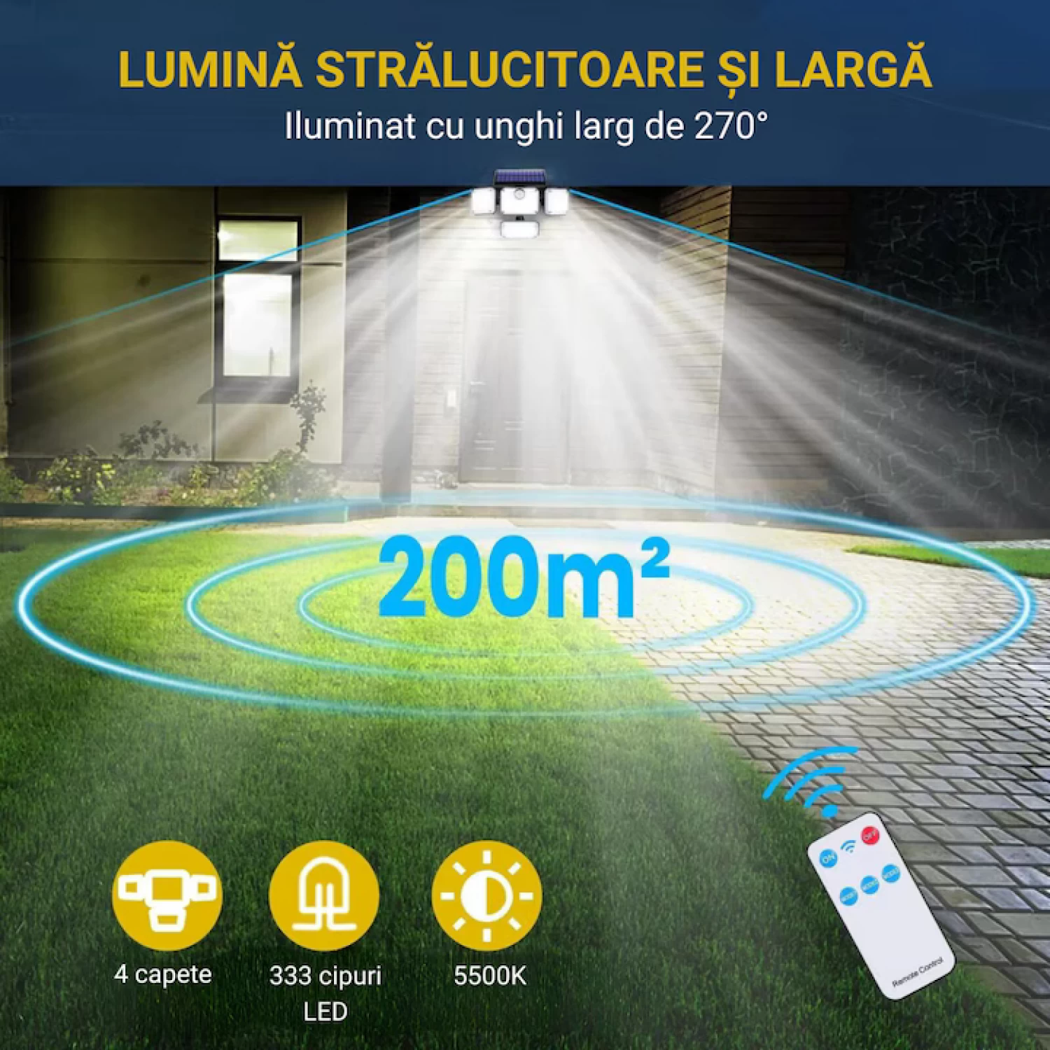 Lampa Solara de Exterior, 333 x cip-uri LED, Cu Senzor De Miscare, cu Brate Reglabile, Telecomanda, Rezistenta la Apa IP65, JF-JD-1727 [2]