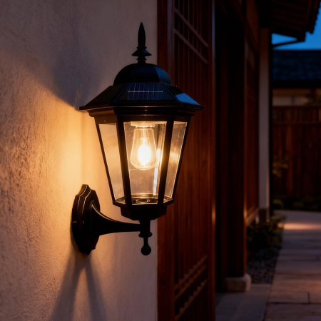 Lampi solare si lanterne led - Lampă Solară LED de Perete pentru Exterior, Stil Chinezesc Modern, Aluminiu Turnat, Filament LED, Senzor Crepuscular, Lumină Alb Cald, Rezistentă la Apă și Coroziune, Dimensiuni 23 × 12 cm