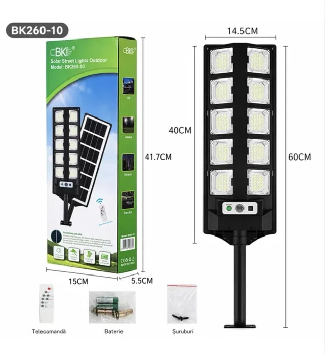 Lampă Solară Stradală LED 60 cm, Panou Solar Integrat, 10 LED-uri de Înaltă Luminozitate, Senzor Crepuscular, Telecomandă Inclusă, Rezistentă la Apă, Iluminare Eficientă pentru Exterior [2]