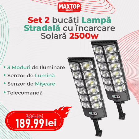 Lampi solare si lanterne led - Lampa Stradala cu Incarcare Solara 2500W, 3 Moduri de iluminare, Senzor de Lumina si Senzor de Miscare, Telecomanda Inclusa, Negru