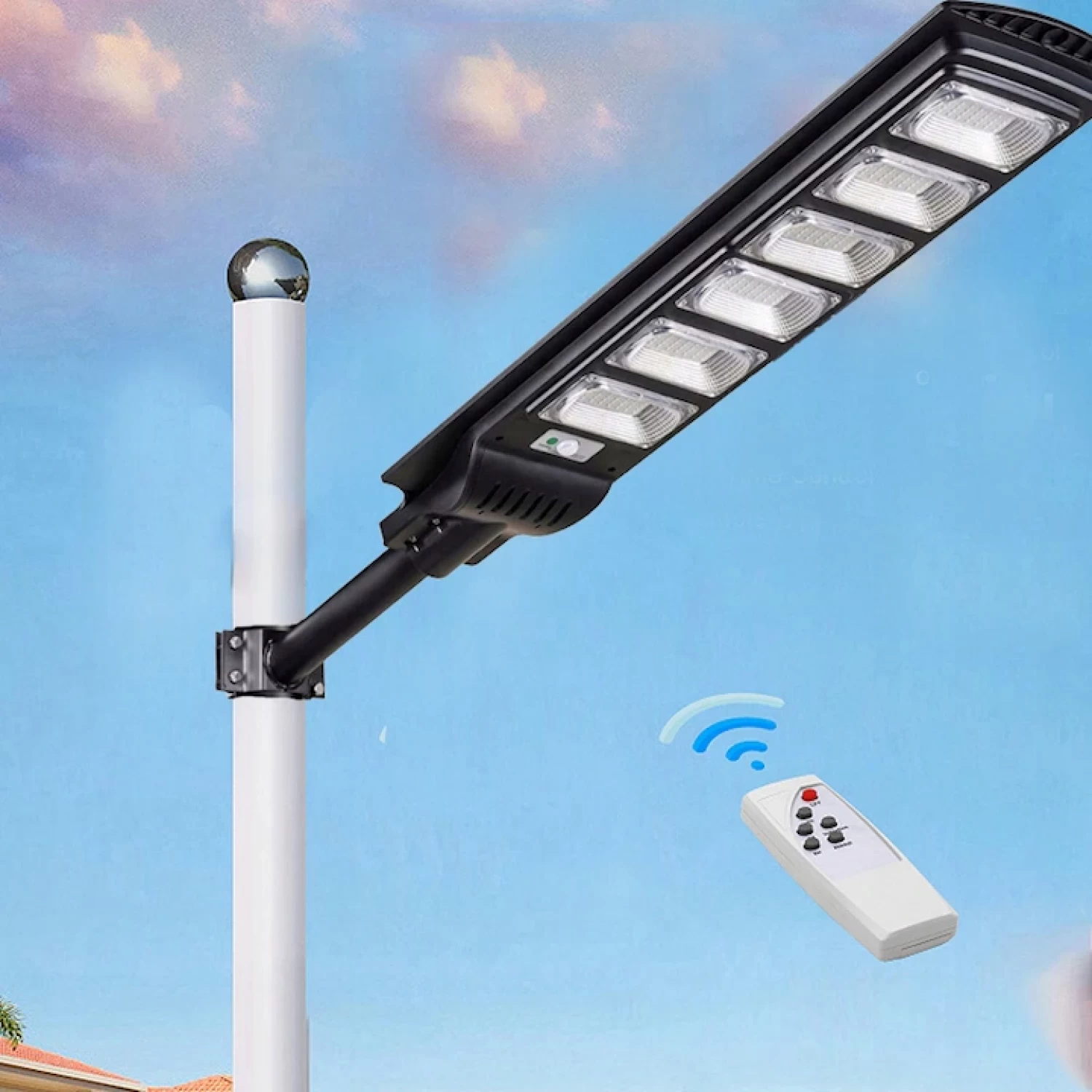 Lampă Stradală Solară LED 2000W, Autonomă, 20000mAh, 288 LED-uri, IP66, Senzor de Mișcare și lumina, Telecomandă, Iluminat Exterior pentru Curte, Grădină, Parcare sau Stradă, Alb Rece, Panou Solar 18W [1]
