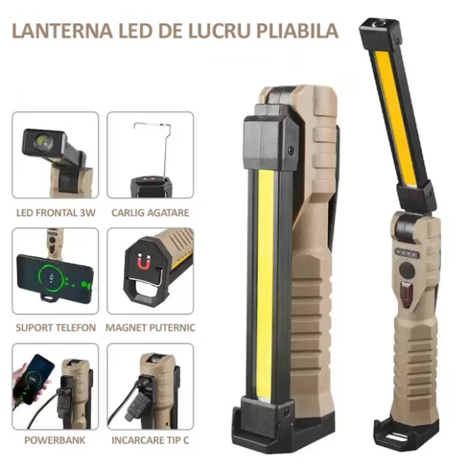 Lanternă de Lucru COB LED Multifuncțională - 400 lm, Rabatabilă 360°, Magnet și Power Bank, USB-C [5]