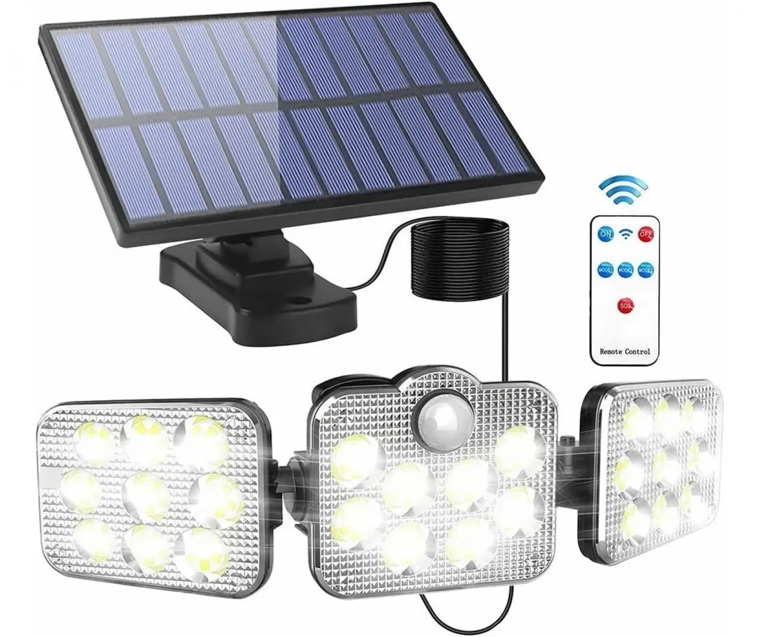 Lampi solare si lanterne led - Lumină Solară de Exterior cu 138 LED-uri, Senzor Mișcare PIR, 3 Moduri, Baterie 2400 mAh, Iluminare 360° cu 3 Capete Reglabile