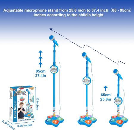 Microfon pentru copii cu stativ reglabil 21x100 cm, difuzor integrat, efecte luminoase și sonore, conexiune MP3, recomandat 3 ani+, roz [2]