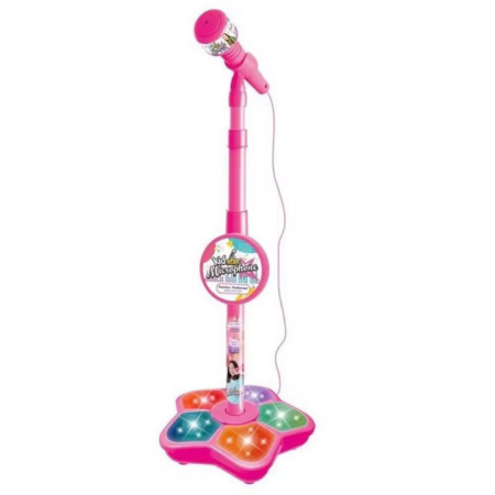 Microfon pentru copii cu stativ reglabil 21x100 cm, difuzor integrat, efecte luminoase și sonore, conexiune MP3, recomandat 3 ani+, roz [1]