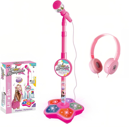 Microfon pentru copii cu stativ reglabil 21x100 cm, difuzor integrat, efecte luminoase și sonore, conexiune MP3, recomandat 3 ani+, roz [3]