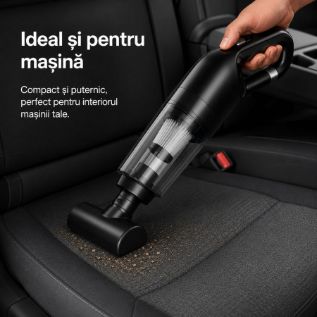Mini aspirator fără fir 2 în 1, 120 W, capacitate colectare 0.35 L, pentru mașină și locuință, autonomie până la 25 min, încărcare USB, negru [5]