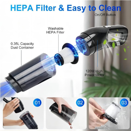 Mini aspirator fără fir 2 în 1, 120 W, capacitate colectare 0.35 L, pentru mașină și locuință, autonomie până la 25 min, încărcare USB, negru [8]