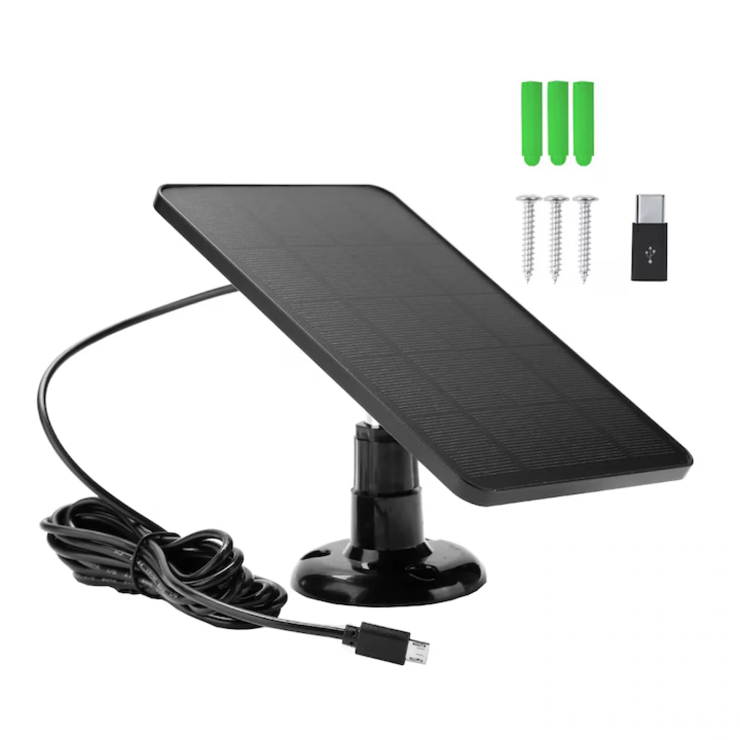 Camere de supraveghere - Mini panou solar fotovoltaic, 10W, 5V, portabil, pentru camere și încărcare telefon, cablu 3m, conector micro-USB și adaptor Type-C, rezistent la apă, negru, 175x120 mm