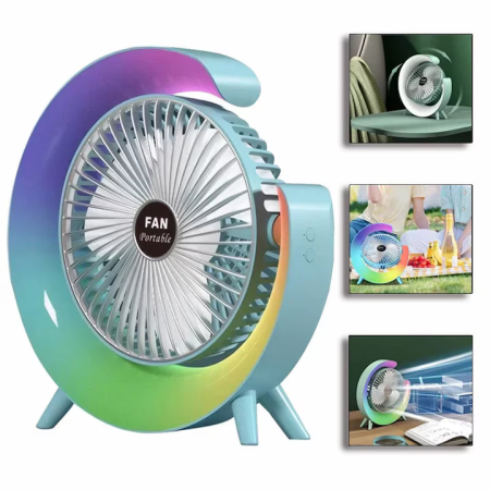 Casa si Bucatarie - Mini ventilator USB-C portabil, reglabil 180°, 3 viteze, 5 efecte RGB, design rotativ și silențios, culoare verde