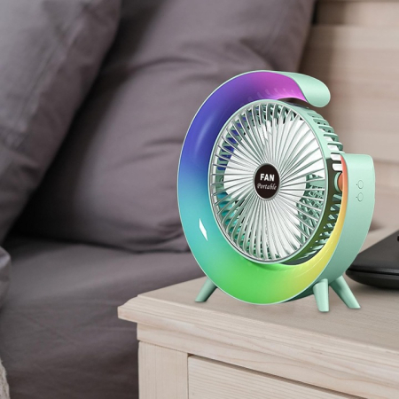 Mini ventilator USB-C portabil, reglabil 180°, 3 viteze, 5 efecte RGB, design rotativ și silențios, culoare verde [4]