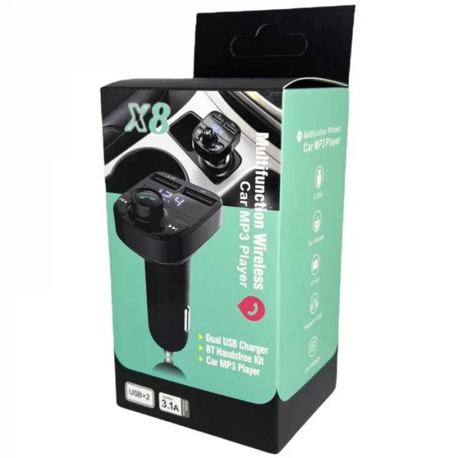 Modulator Auto Bluetooth X8 cu 2xUSB 3.1A, Voltmetru și Afisaj LCD - Frecvență 87.5 - 108.0 MHz, Suport MicroSD și USB, Redare Apeluri Telefonice și Încărcare Rapidă [1]