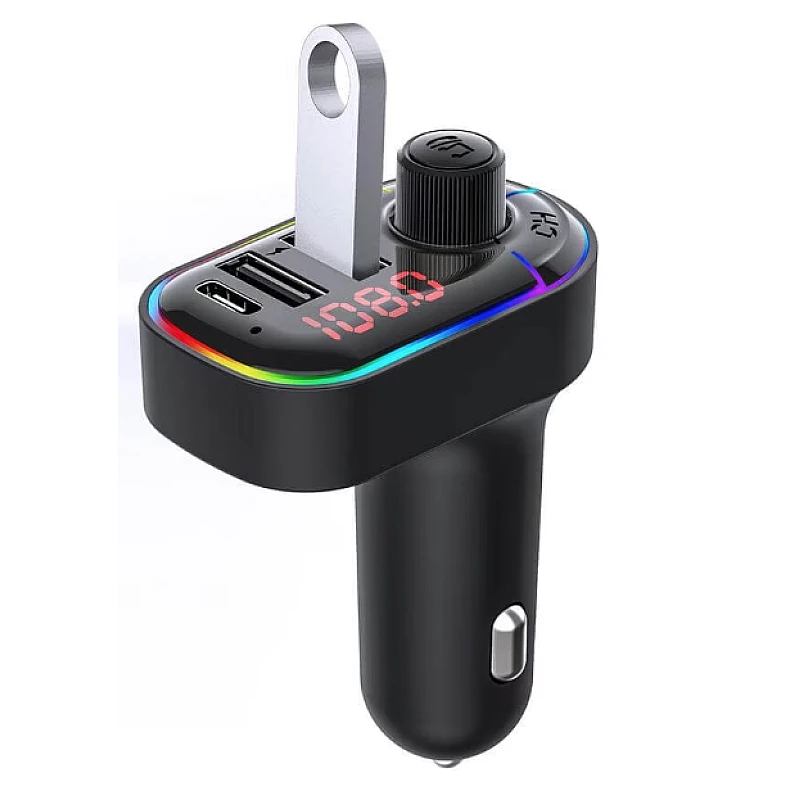 Accesorii Auto - Modulator Auto C12 Bluetooth 5.0, Transmițător FM cu Microfon, Încărcare Rapidă USB Type-C, 7 Culori Lumină Ambientala, Compatibil cu Android și iPhone