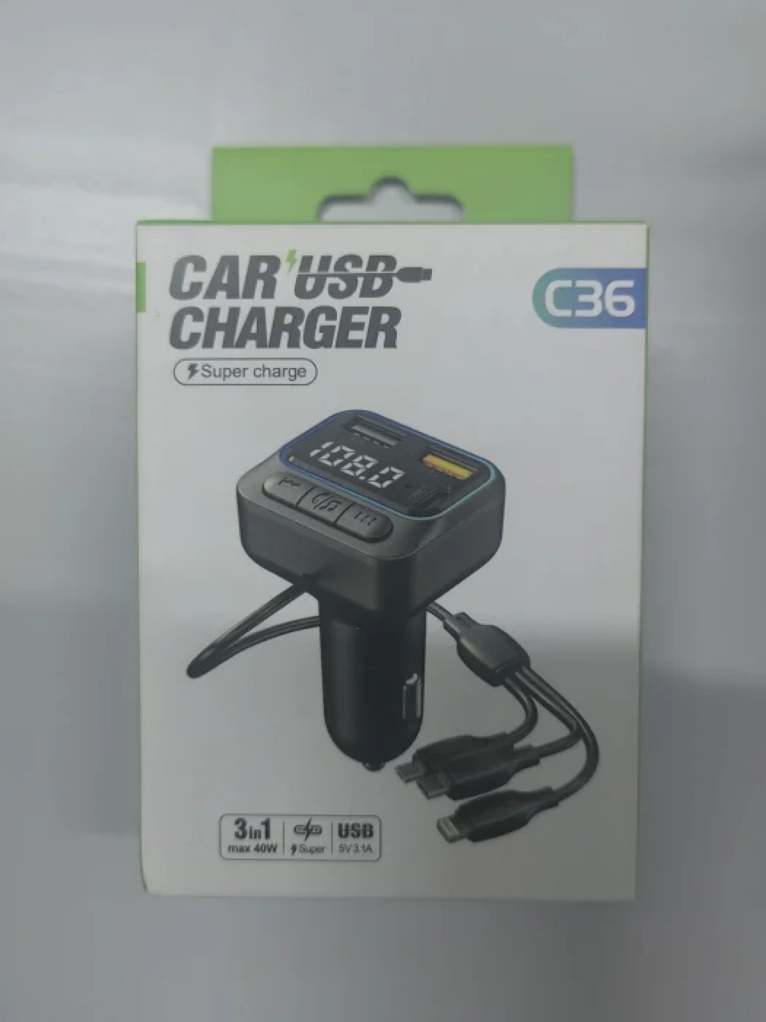 Accesorii Auto - Modulator Auto FM C36, Multifuncțional 3 în 1, Voltaj 12-26V, Putere Maximă 40W, Încărcare Rapidă USB 3.1A, Funcție Handsfree Bluetooth