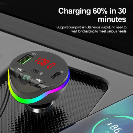Modulator FM Auto Bluetooth 5.0, Transmițător FM Wireless, Încărcare Rapidă prin USB-C PD și USB 3.1A, Funcție Hands-Free cu Microfon HD, Afișaj LED, Iluminare RGB, Compatibil cu Sisteme 12V-24V [2]
