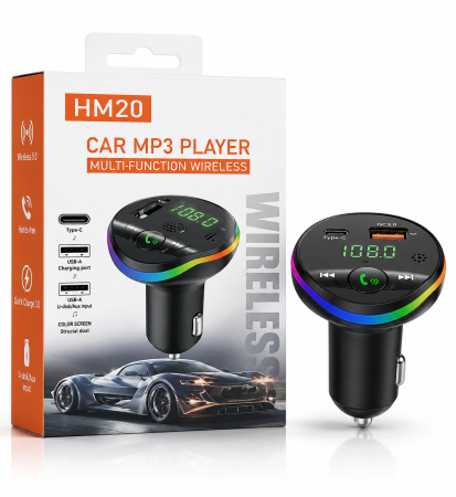 Accesorii Auto - Modulator FM Auto Bluetooth 5.0, Transmițător FM Wireless, Încărcare Rapidă prin USB-C PD și USB 3.1A, Funcție Hands-Free cu Microfon HD, Afișaj LED, Iluminare RGB, Compatibil cu Sisteme 12V-24V